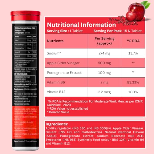 Image of Apple Cider Vinegar Effervescent Tablet - For Weight Loss With Pomegranate Extract, Vitamin B6 & B12 For Refreshing Detox & Metabolism Boost, No added Sugar (15 count (Pack of 8), Apple)