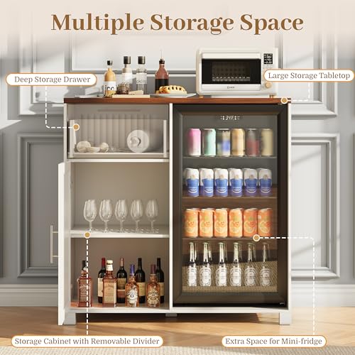 Image of 38.6 inch Long Fluted Mini Fridge Cabinet with Power Outlet & Drawer, White