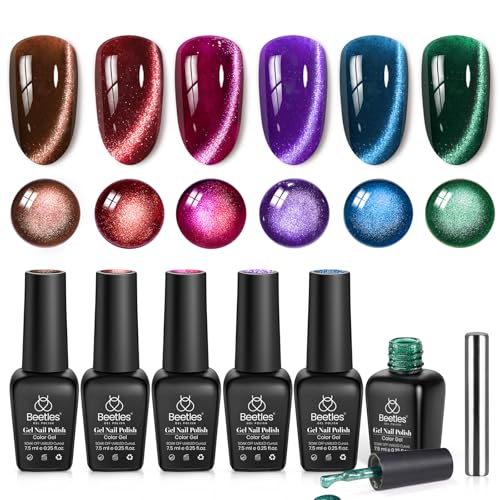 Image of Beetles Jewel Parade Cat Eye Gel Nail Polish Set - 6 Colors Glitter Cat Eye Gel Polish Kit Pink Purple Red Green Blue Brown Burgundy Magnetic Effect Soak Off UV Manicure Gift for Women