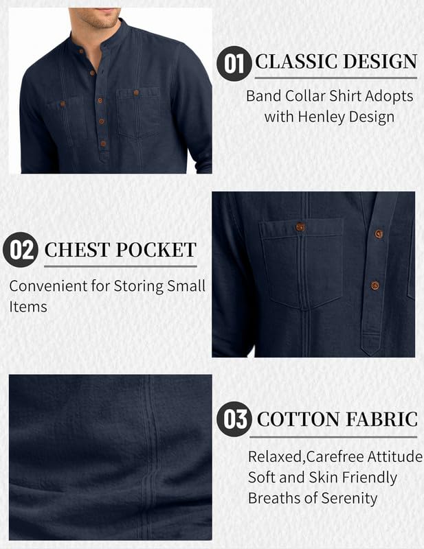 Image of ROYALSCOUT Men's Cotton Polyester Blend Kurta Style Shirt with Mandarin Collar, Half Button Placket, Dual Chest Pockets, Long Sleeve Casual Ethnic Fusion Wear for Office, Festive and Daily Use