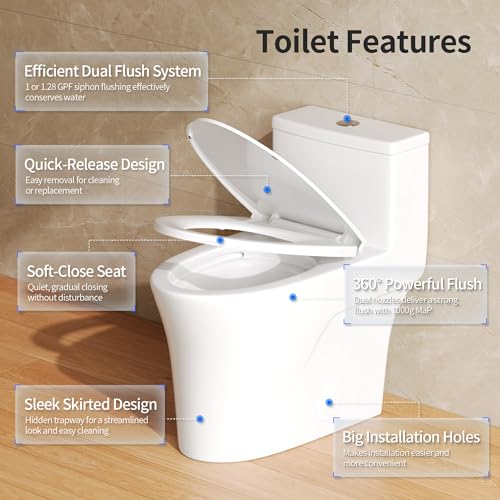 Image of DeerValley Elongated One-Piece Toilet with Comfort Chair Seat ADA Height Powerful Dual Flush 1 /1.28 GPF and MAP 1000g 12 inch Rough-In Rimless Bowl Modern Ceramic Toilet for Bathroom DV-1F0437