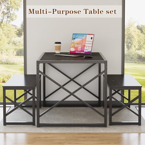 Image of VECELO 55 inch Kitchen Dining Table Set for 4, Heavy-Duty Steel Frame & Wood-Grain Tabletop, Space-Saving Dinette Sets with 2 Benches for Breakfast Nook and Small Space, Black