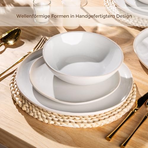 GBhome Steingut Geschirrset 6 Personen, 24-tlg Reaktive Glasur Handarbeit Geschirr Set, Mikrowellen- & Spülmaschinenfest Schüssel- und Teller Set, Beige
