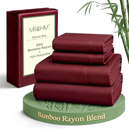MR&HM Full Size Bed Sheets 4-Piece Cooling Sheets Rayon Derived from Bamboo & Polyester Blend Soft & Silky 15 Deep Pockets with Elastic Straps Hotel Luxury for Hot Sleepers Burgundy