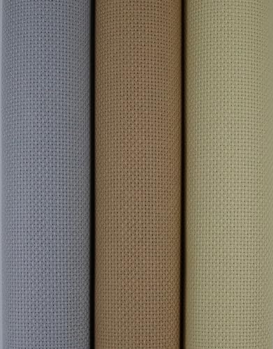 Image of KCS 3 pc of 15 inch x 18 inch(38cmx45cm) Counted Cross Stitch Cotton Aida Cloth Needlework Rolled Fabric Box,14CT,Light Grey+Khaki+Yellow Beige