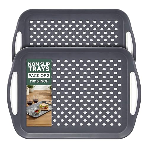 Zuvo Anti-Slip Food Serving Tray with Handles (Set of 2) – BPA-Free Plastic, Lightweight & Durable – Non-Slip couch Trays for Eating & Drinks (Grey)