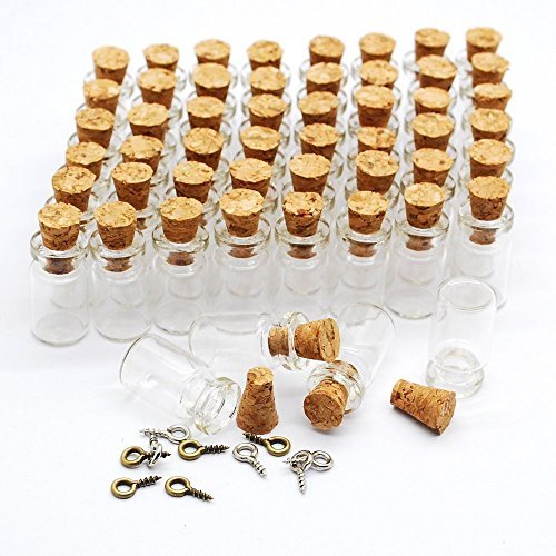 Natuworld 50pcs 0.5ml Vials Clear Glass Lovely Mini Bottles Small Empty Sample Jars with Corks Tiny + 10pcs small eye screw
