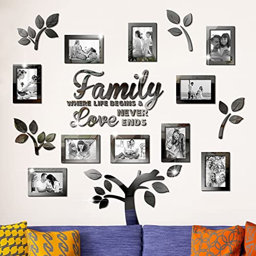 Family Tree Wall Decal Acrylic 3D DIY Mirror Sticker Photo Frames Removable Wall Art Decals Home Decorations for Living Room Bedroom Kitchen Dining Office, 47 x 47 Inch (Black)