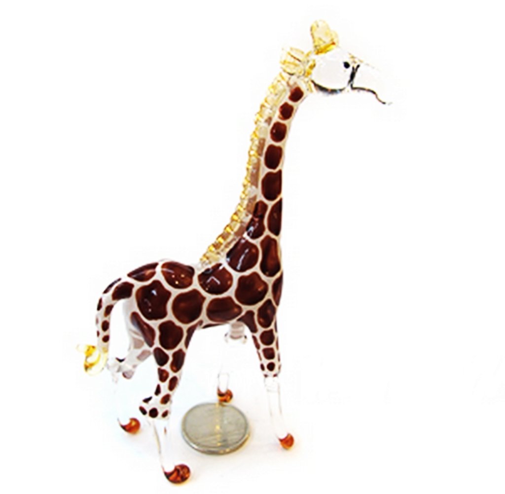 ChangThai Design Tiny 5" High Dark Brown Giraffe Standing Figurine - Miniature Hand Blown Glass Giraffes Savanna Wildlife Long Neck Tallest Animals Crystal Decorative Collectible Figure Décor Gifts