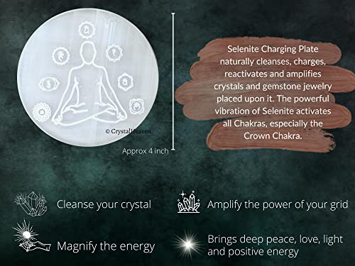 Image of Certified Selenite Crystal Charging Plate, 4 Inch Engraved Chakra Buddha Selenite Plate for Crystal Cleansing Re-Energy Work, Meditation and Pooja (4 Inch, Chakra Buddha)