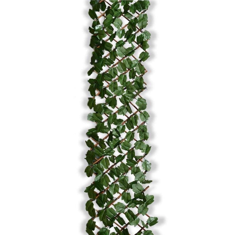 BONAFIDE Artificial Ivy Screening on Willow Trellis, Expanding Willow Fence with Green Leaf Foliage, Decorative or Privacy Wooden Fences for Gardens, Expanding Artificial Trellis - 180 x 30cm