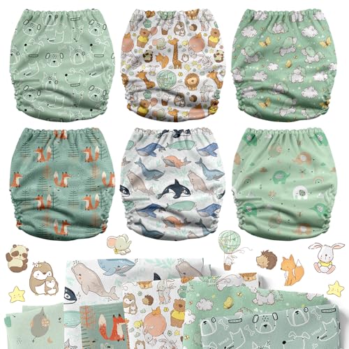 Image of Mama Koala 3.0 Pocket Cloth Diapers for Babies with AWJ Lining, 6 Pack with 6 4-Layer Natural Cloth Diaper Inserts - Reusable and Washable Pocket Diapers (Adorable Animal)