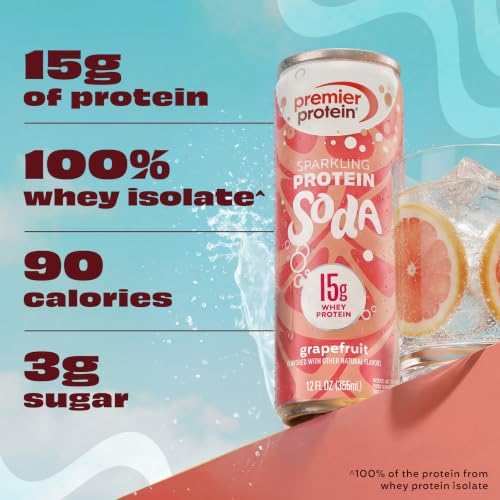 Image of Premier Protein Sparkling Protein Soda, Grapefruit, 15g Whey, 12 Pack | Soft Drink with Benefits, 5 Ingredients, No Artificial Colors or Flavors, 3g Sugar, 12 oz