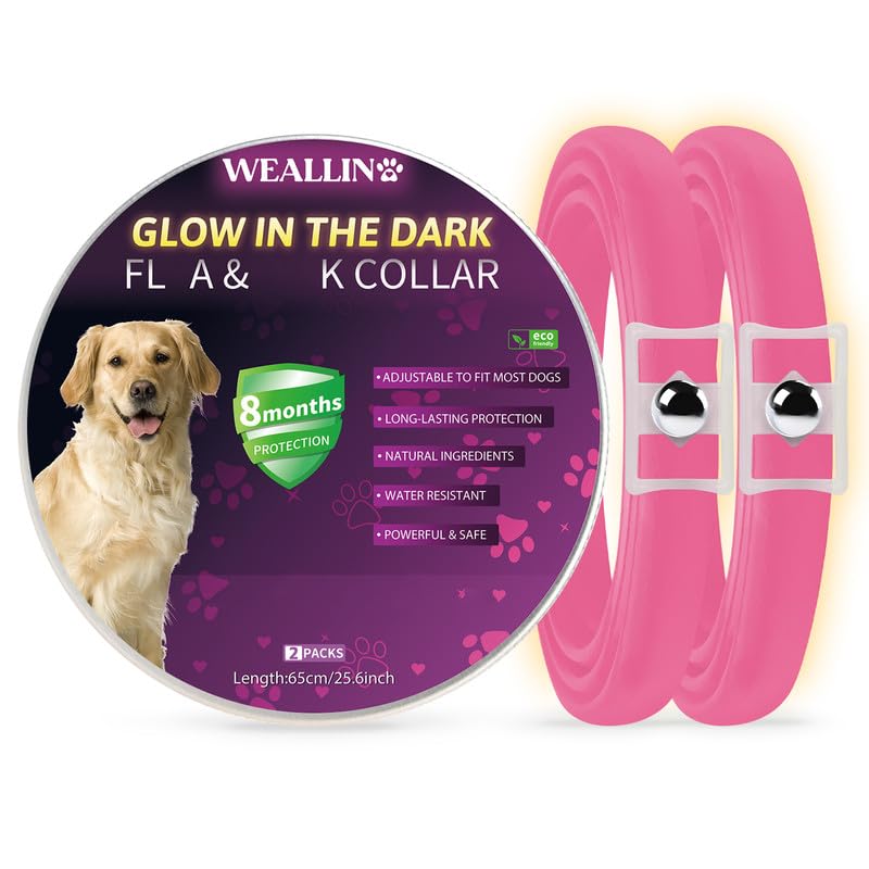 WEALLIN Luminoso Collares Antiparasitario para Perros, Collar Antipulgas Perros Impermeable Regulable, Collar de Pulgas y Garrapatas para Perro, para Perros de Todos los Tamaños, Rosa 2 Pcs