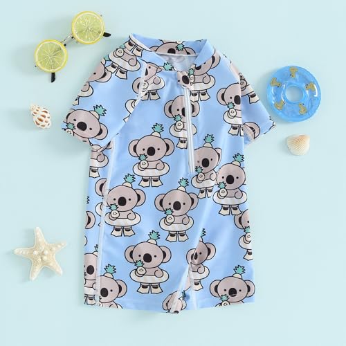 CHAUKAREAUL Baby Boy Swimsuit Zipper Short Sleeve Cartoon Bear Print Jumpsuit One Piece Swimwear Toddler Bathing Suit (Blue, 18-24 Months)
