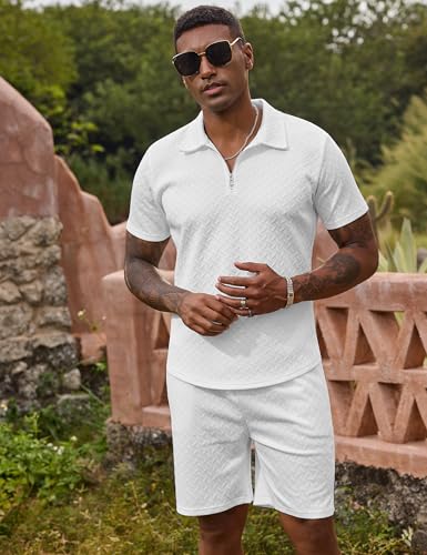 Image of URRU Mens Textured Polo Shirt and Shorts Sets Outfits 2 Piece Summer Tracksuits Casual Quarter Zip Golf Polo Shirts
