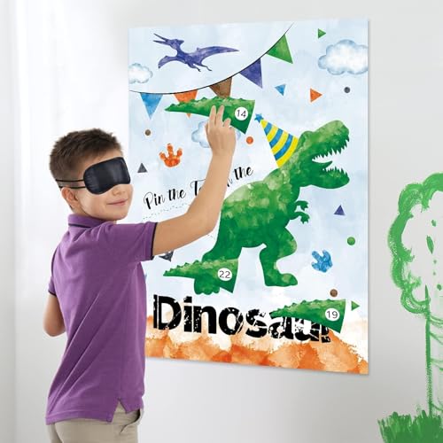 Image of WERNNSAI Pin the Tail on the Dinosaur Party Games for Kids Boys | T-Rex Dinosaur Birthday Decorations,Dino Party Games Room Wall Decor,28 inch x 21 inch Poster with 24 Stickers and Blindfold