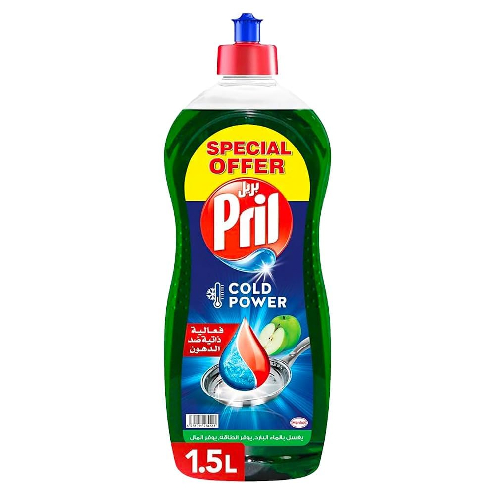PrilCold Power Hand Dishwashing Liquid, With 5+ Self-Degreasing Action Power, Long-lasting Formula for Removing Stubborn Stains and Elimination of Unpleasant Odours, Apple, 1.5L