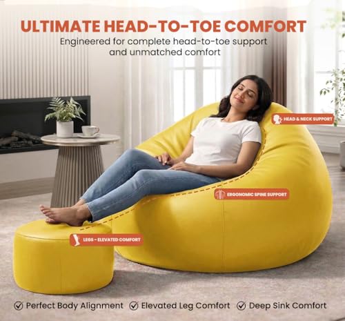 Image of Sattva Classic 4XL Bean Bag Chair with Beans Filled | Sofa Style Faux Leather Bin Bags for Adults | Pre-Filled Large Beans Bag with Footstool & Cushion Combo for Home & Office - Yellow