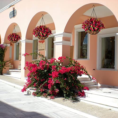 Artificial Hanging Flower With Basket For Home Courtyard Decoration, Artificial Silk Rose Fake Plant Arrangement In 12 Inch Coconut Lining Basket For Outdoor Indoor Decor,10 Bundles With Basket(Red) #TOP1