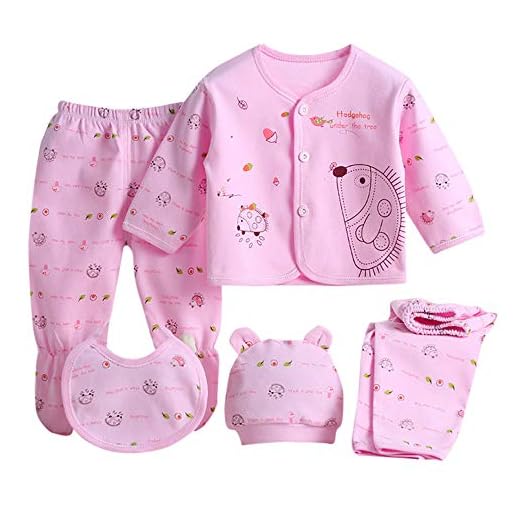 Value Pack Recién Nacido Bebé, LANSKIRT 6PCS Bebé Niña Niño Dibujos Animados Manga Larga Tops + Sombrero + Dos Pantalones + Conjunto de Traje Babero (Rosado, 0-3 Meses)
