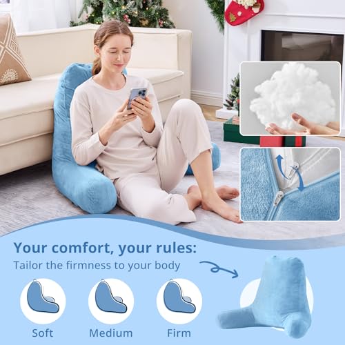 Image of Sasttie Reading Pillow for Bed, Back Pillow for Sitting Up, Blue | 25 inch Backrest Support Cushion for Couch, Sofa, and Floor, Dorm Essentials, OEKO-TEX, Adjustable Down Alternative Fill