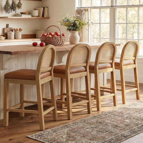 Image of STHOUYN Upholstered Rattan Bar Stools Set of 4, Wooden Island Chairs, Brown