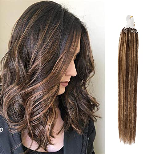 Micro Loop Ring Hair Extensions Pre Bonded Stick Hair Highlighted Human Hair Micro Beads Hairpiece Medium Brown & Dark Blonde 100 Strands 50g 20 Inch Long Straight #4&27