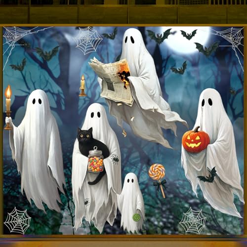 AhfuLife 4 Sheets Large Halloween Ghost Window Stickers Decorations 43 x 90cm Big Spooky Ghost Window Clings Double Side Reusable Decals for Halloween Home Bar Shop Street Party Decorations