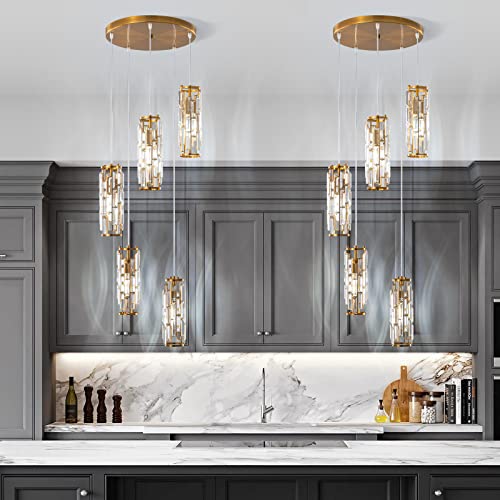 Image of LMQNINE Pendant Light, Gold Modern Pendant Light Fixtures, Mini Crystal Chandeliers, Adjustable 5-Light Pendant Lighting for Kitchen Island Dinning Room Bedroom (Gold 5-Light)