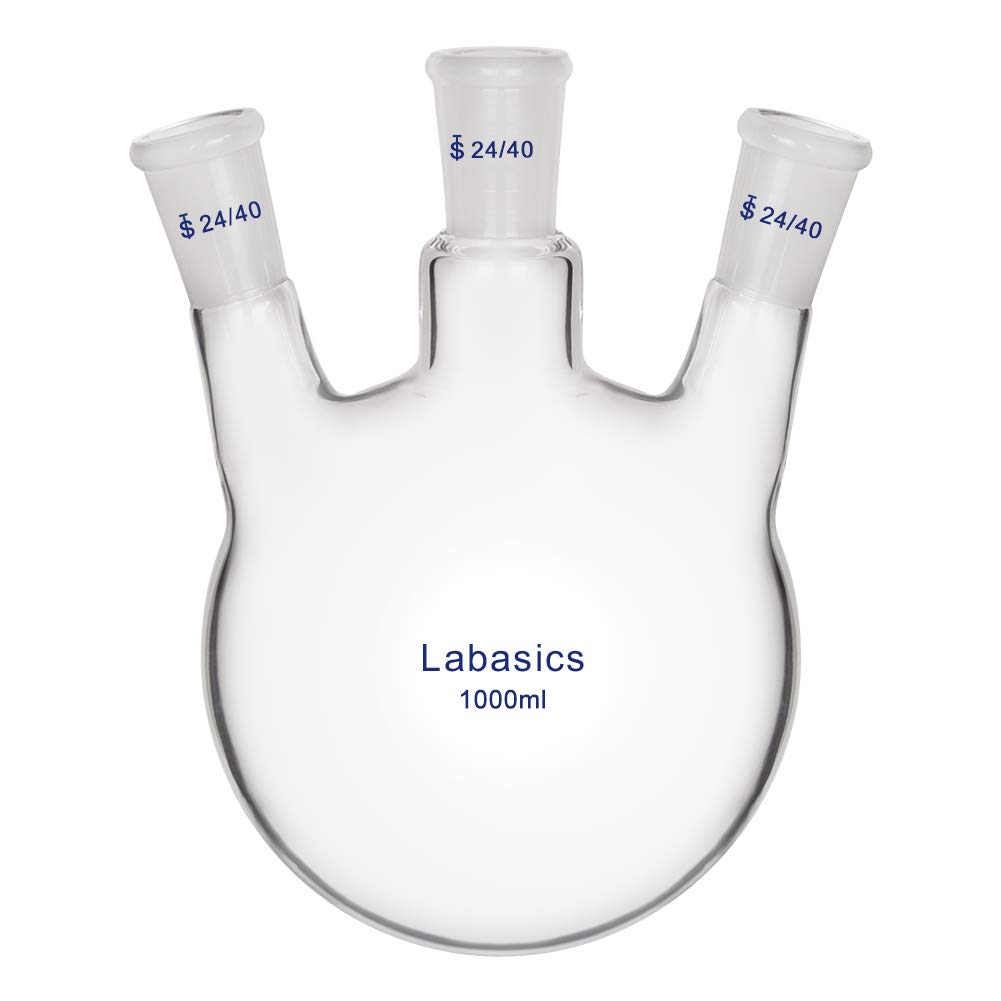 Labasics Vidrio 1000ml RBF Matraz de Fondo Redondo con 3 Cuellos de Ángulos, 3 Neck Round Bottom Flask con Junta Exterior 24/40 Central y Lateral Estándar - 1000ml