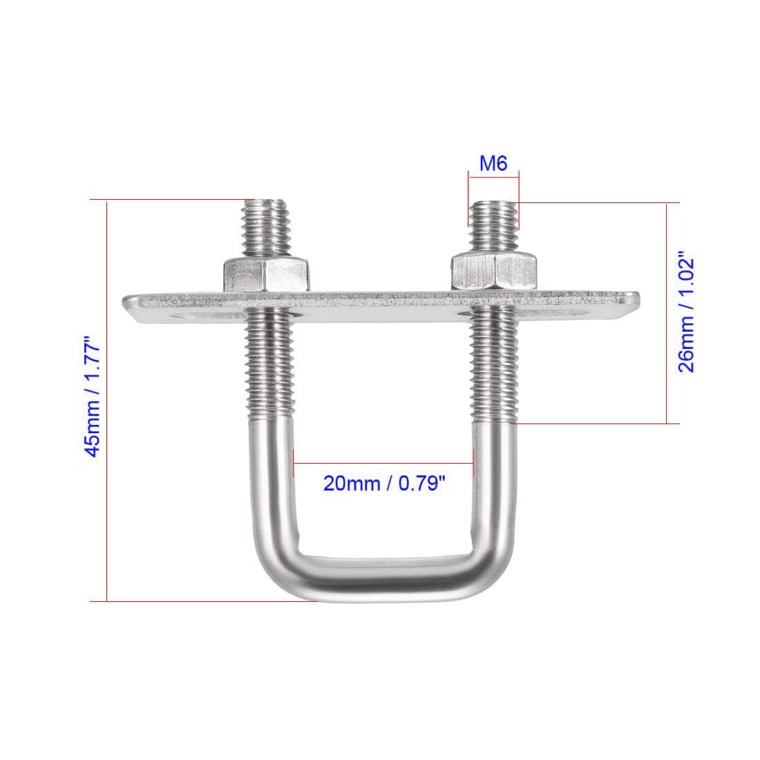 MACHSWON Square U-Bolt,2 Set 304 Stainless Steel M6 U Bolts 20mm(0.79") Inner Width 45mm Length with Nuts and Frame Plate for Automobiles Boat Trailer - Image 2
