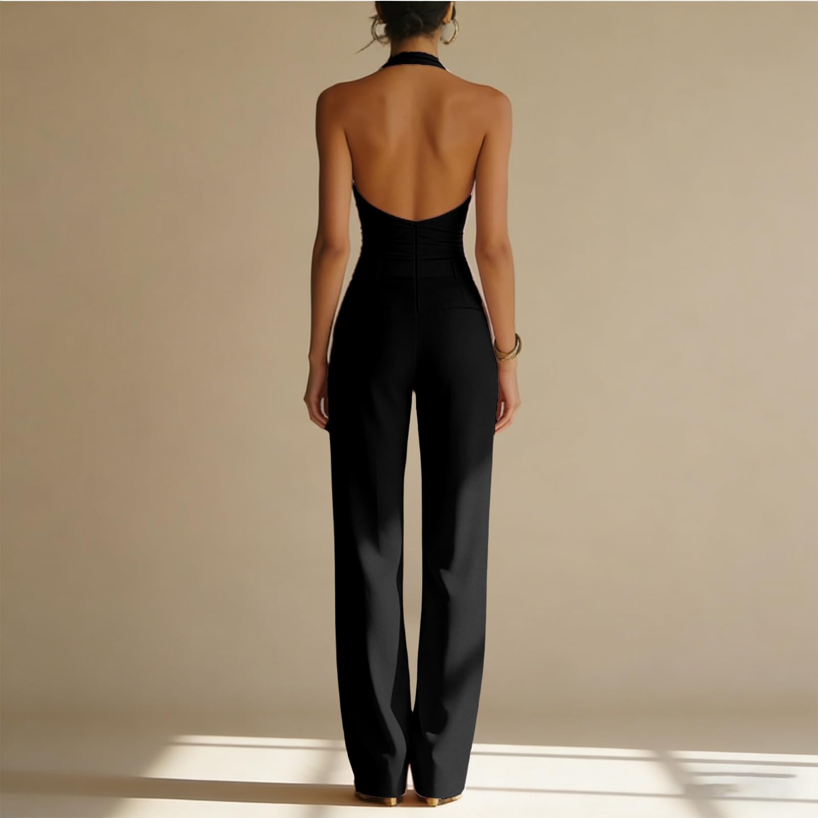 Jumpsuit Damen Elegant Für Hochzeit Overall Festlich Rückenfrei Neckholder Hosenanzug Business V Ausschnitt 2 Teilig Hosenanzüge Für Damen Hochzeitsgast Playsuit Party Ärmellos Romper Lang