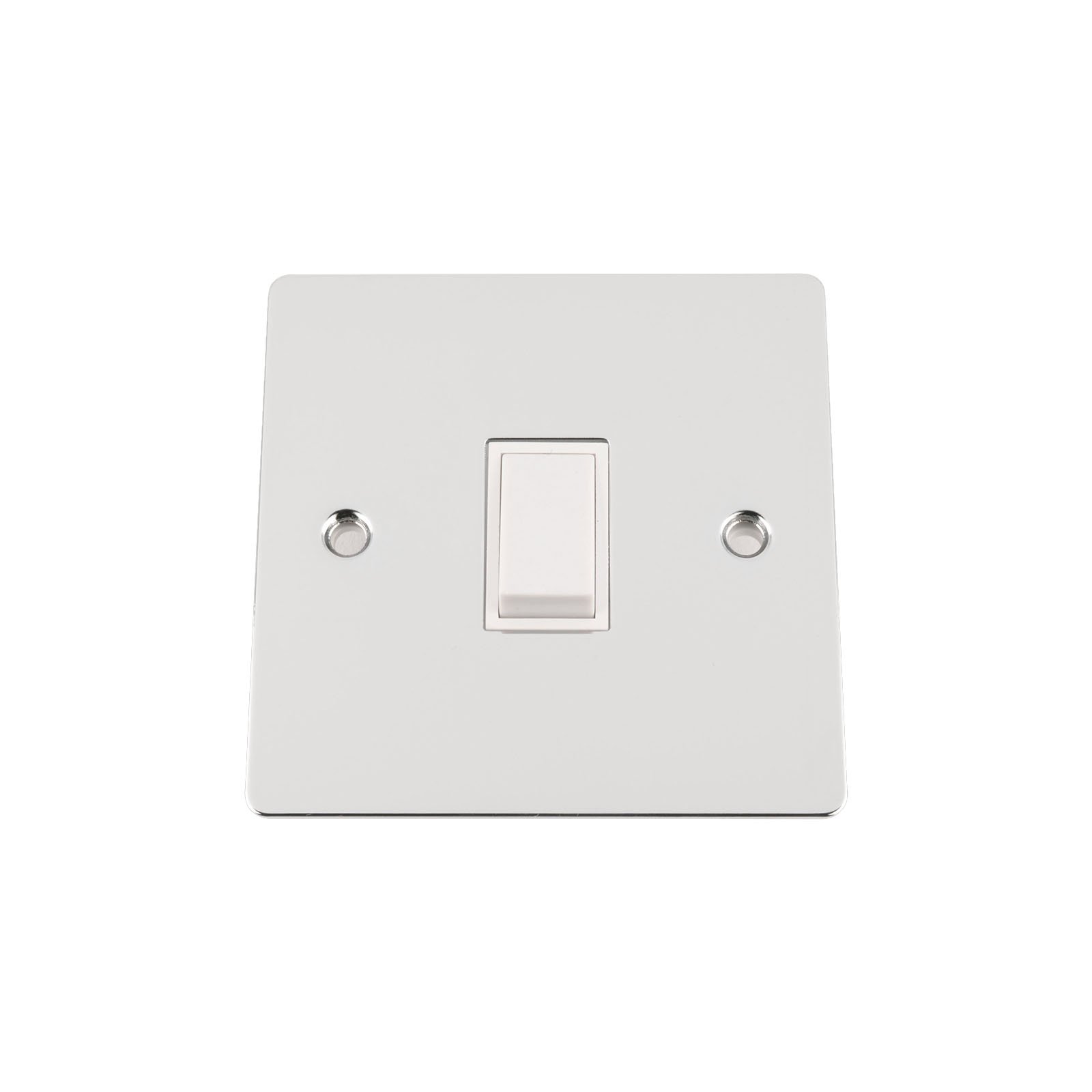 Light Switch 1 Gang - Polished Chrome - Flat - White Insert Plastic Switch - 10 Amp Single 1 Gang 2 Way