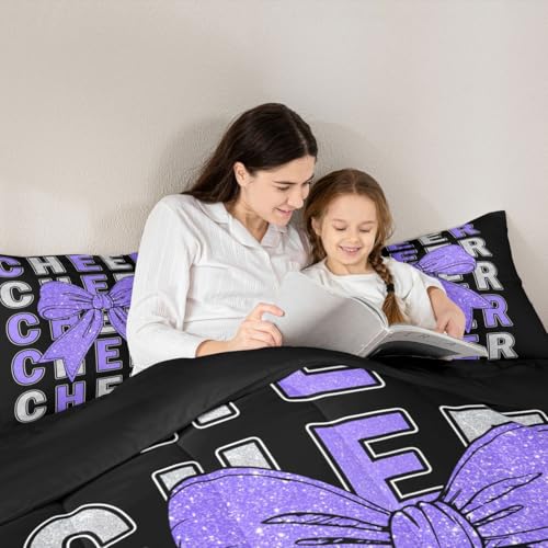 Image of Feelyou Cheer Kids Comforter Set King Size Purplw Bowknot Bedding Set Sport Cheerleader Duvet Quilt for Kids Boys Girls Bedroom Cheerleading Decor Microfiber Ultra Soft Breathable
