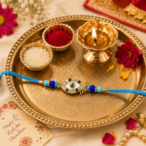 Image of EITHEO Blue Evil Eye Rakhi for Brother, Handmade Designer Raksha Bandhan Thread with Gold Finish Charm & Decorative Beads, Roli Chawal, Chandan & Mishri (Pack of 2)