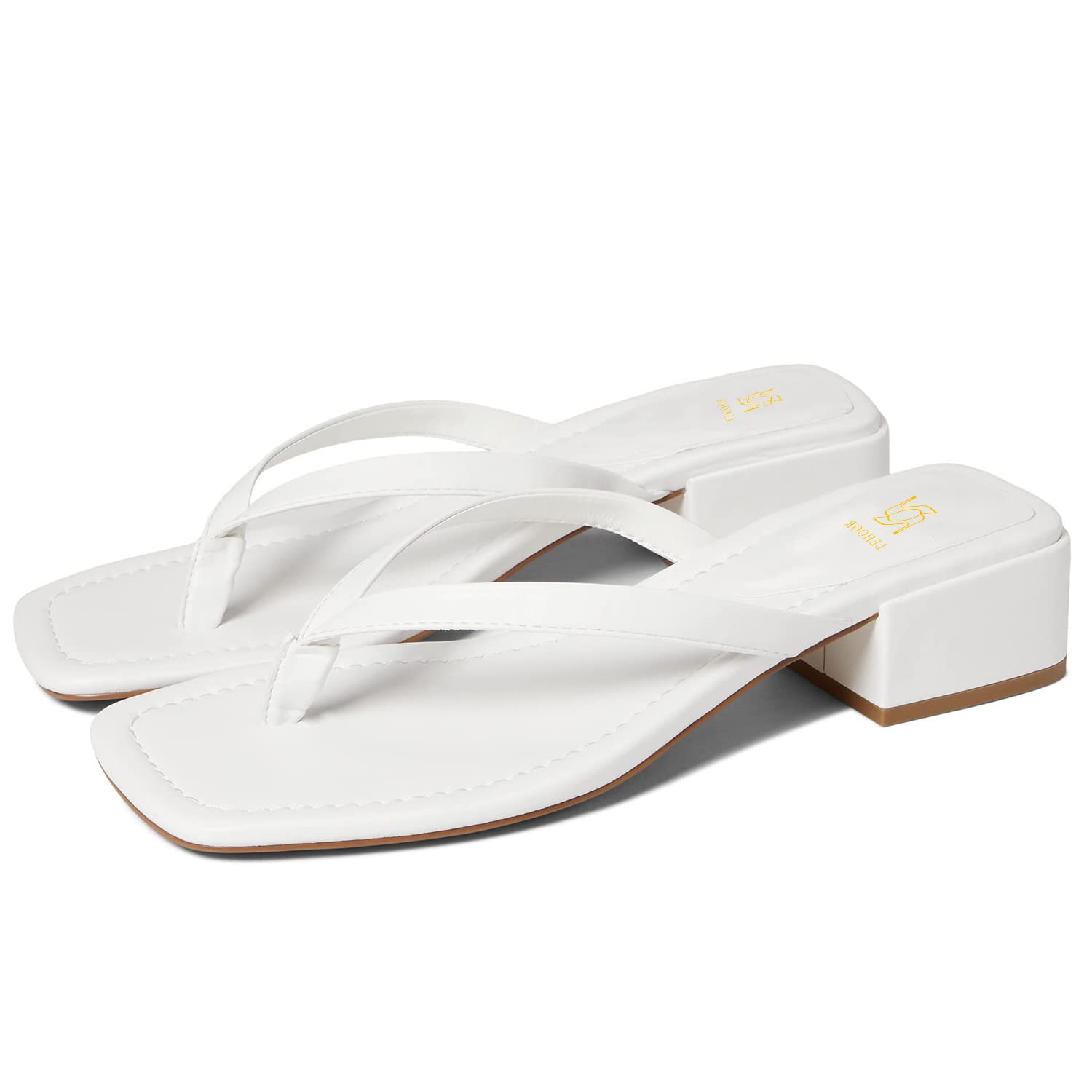 LEHOOR Women Chunky Heel Square Toe Flip Flops Comfort Slip On Heeled Thong Flip Flops 2 Inch Low Block Heel Dress Slippers Sandals Clear T-Strap Work