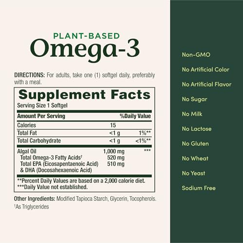 Nature's Bounty Omega 3, Plant-Based Omega 3 Fatty Acid Supplement, 520mg, Supports Whole Body Health Including Heart, Skin, Joint, 30 Vegetarian Softgels, Fish Oil Alternative - Image 6