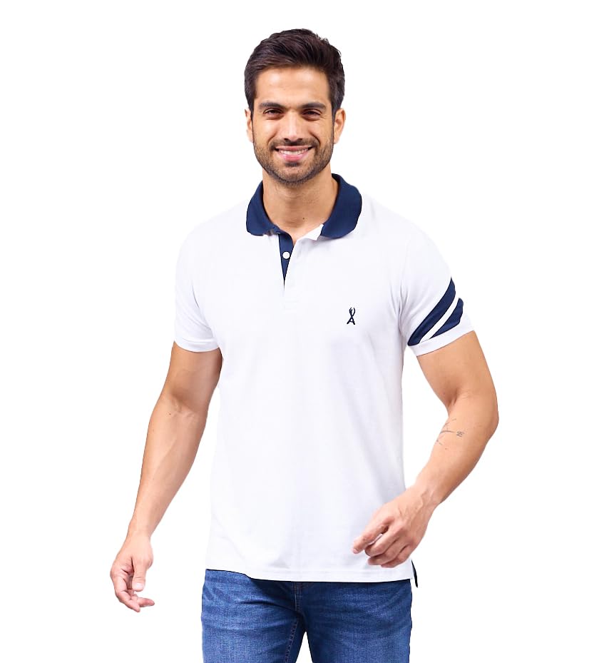 Lista de Playera Polo Blanca los 5 mejores. 48 Alfani - Playera Polo para Hombre Premium Manga Corta con Franjas Algodón Piqué, Poliéster y Licra, Casual y Cómoda-Blanco-G