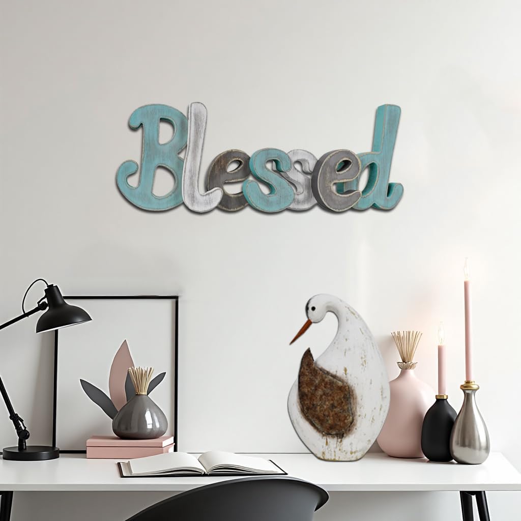 Teal Blessed Sign for Home Decor, Freestanding Wood Cut Out Letter for Living Room Table Top Shelf Wall Hanging Decor