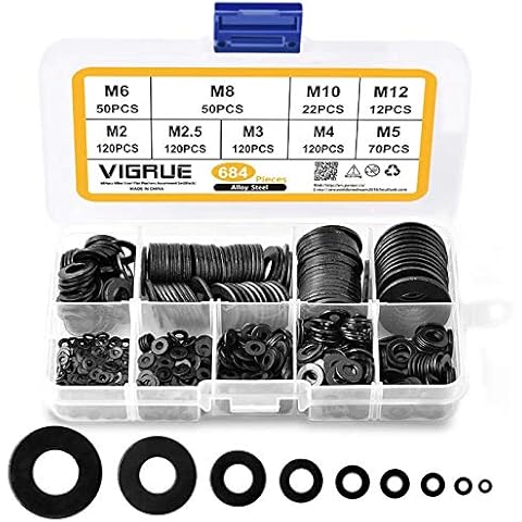 Flach Unterlegscheiben - VIGRUE 684 Stück Beilagscheiben 9 Größen Kohlenstoffstahl Flach und Sicherungsscheiben Sortiment Set (M2 M2.5 M3 M4 M5 M6 M8 M10 M12) Cover