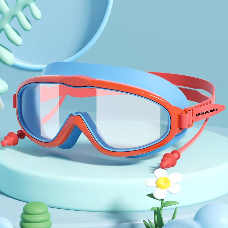 Image of ArrowMax Swimming Goggles for Kids 3-14 Years | Anti-Fog Swim Goggles with UV Protection & Ear Plugs | Leak-Proof Adjustable Goggles for Boys & Girls | Free Case Included (Red /Blue)