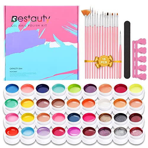Bestauty 36 x 8 ml Juego Esmaltes de Uñas en Gel UV para Decoración de Uñas,Esmalte en Gel, Pegamento para Uñas Brillo con 15 Pieza Cepillo para uñas, 1 Lima de Uñas Cover