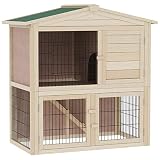 PawHut Kleintierstall mit Freilauf Kleintierkäfig Kleintiergehege für draußen Kleintierhaus mit Rampe Meerschweinchenstall Winterfest Tannenholz Natur 98 x 54 x 100 cm