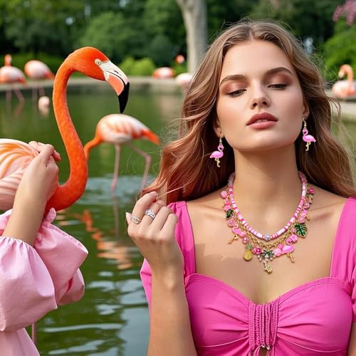 YAHPERN Flamingo Jewelry Set for Women Pink Flamingo Necklace Bracelet Earrings Coconut Tree Palm Leaves Choker Necklace Charm Bracelet Tropical Summer Beach Jewelry Accessories Gifts2