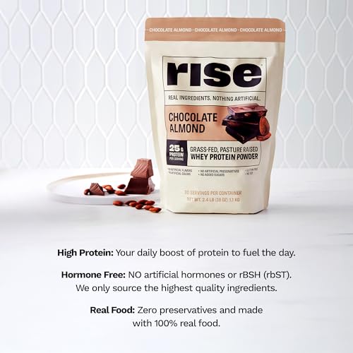 Image of Rise Grass-Fed Whey Protein Powder - Chocolate Almond | 25g Protein No Artificial Flavors, Colors, or Preservatives - Sugar Free, Gluten-Free, Soy Free (Single Serving, 1 Pack)