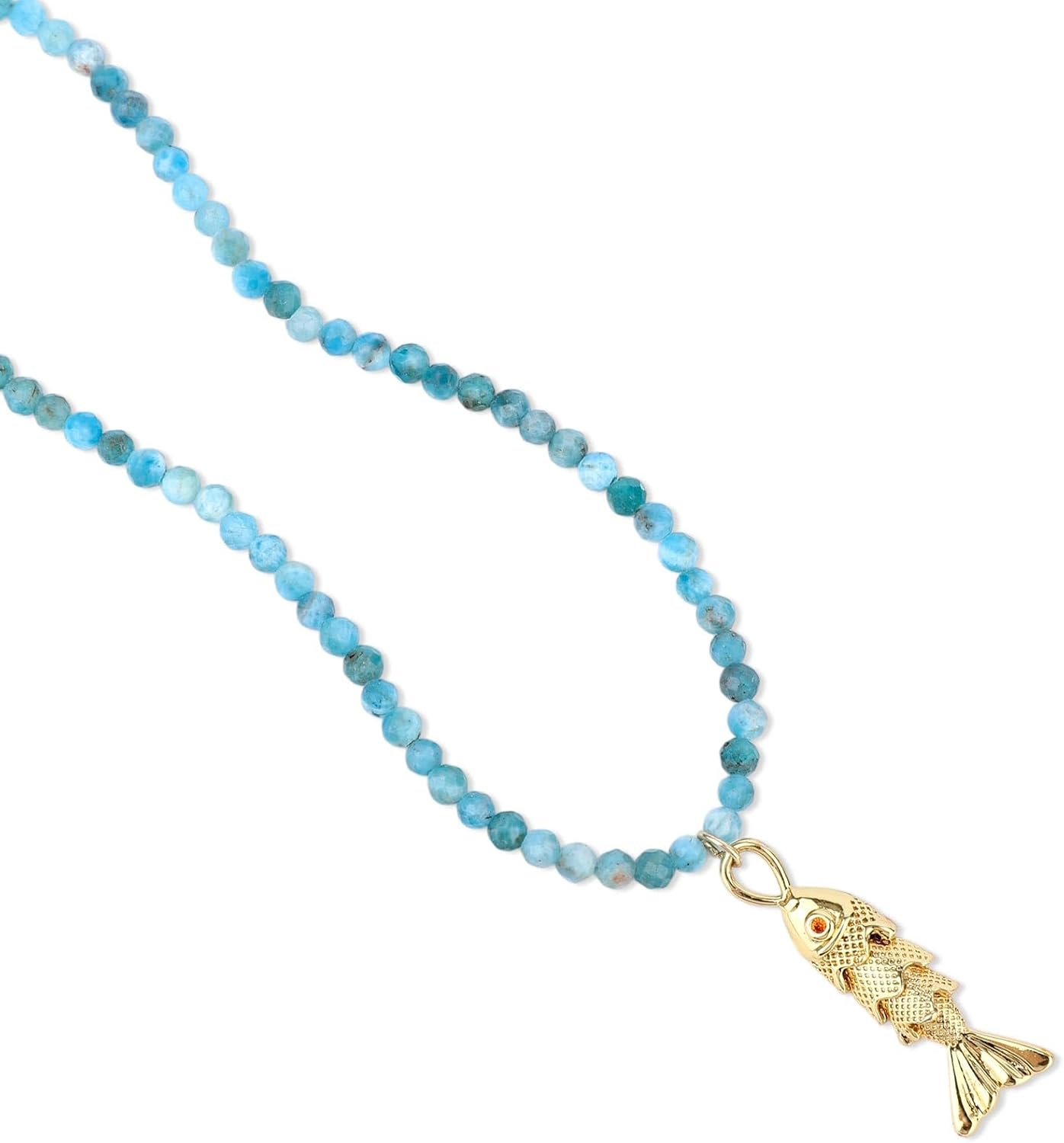 Boho Fish Necklace for Women, Adjustable Blue Natural Stone Beaded Necklace with Gold Fish Pendant Bohemian Beach Jewelry for Summer Vacation Swimwear Trendy Gift