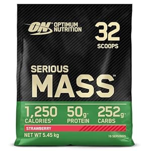Optimum Nutrition Serious Mass Protein Powder with Creatine, Glutamine, 25 Vitamins and Minerals, Strawberry Flavour, 16 Servings, 5.45KG