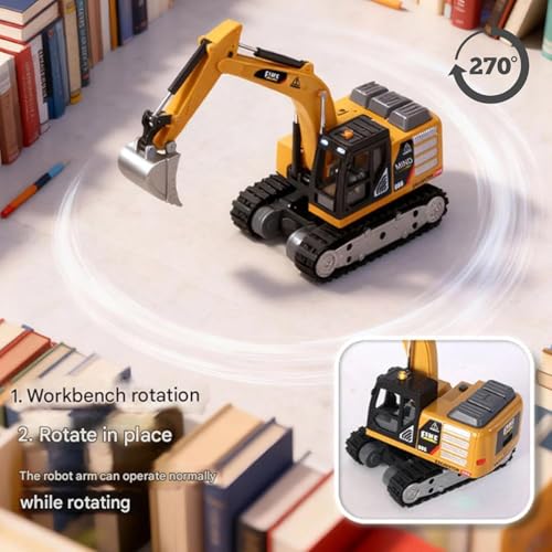 Image of PLUSPOINT Mini RC Excavator - 1:64 Scale Die-Cast Metal Remote Control Construction Vehicle with Realistic Engineering Design, Detailed Simulation Styling & Collectible Model