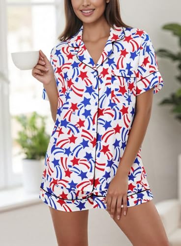 Image of Argeousgor Women 4th Of July Pajama Sets American Flag Short Sleeve Shirt and Shorts 2 Piece Independence Day Pajamas Set